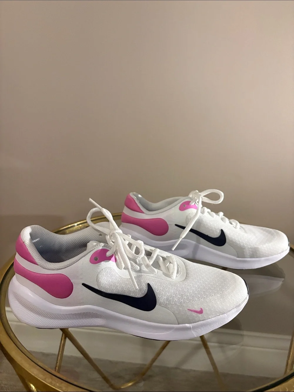 Nike Kids White and Pink Sneakers with Navy Swoosh